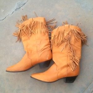 Dingo Fringe Trim Boots Tan Leather Made in Mexico Sz 10